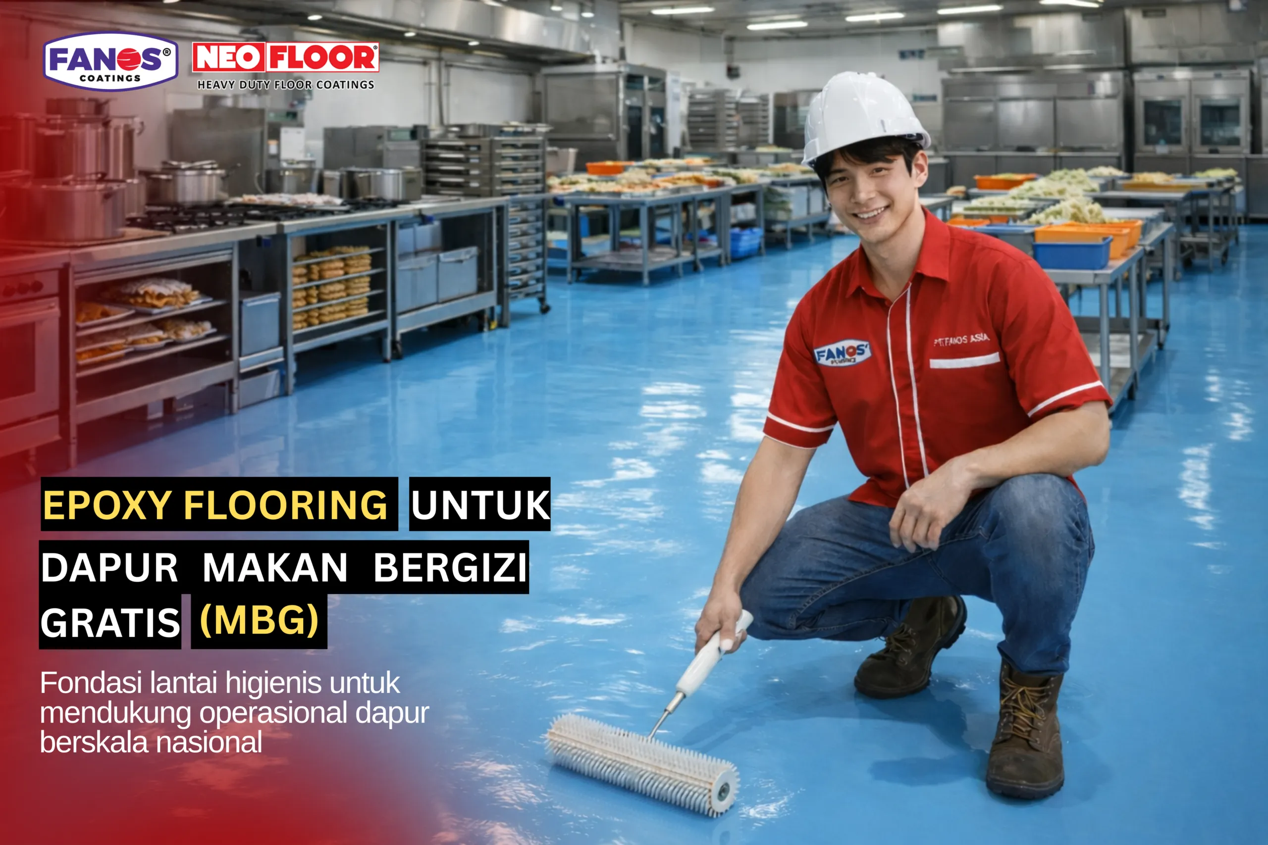 Aplikasi epoxy lantai warna sky blue tanpa sambungan di dapur sentral Makan Bergizi Gratis (MBG) yang sesuai standar Badan Gizi Nasional untuk menjaga higienitas dan mencegah kontaminasi bakteri ke makanan.